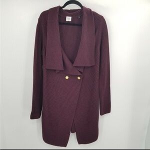 EUC CAbi Regal Longer Knit Sweater w/Drape Lapel and 2 Button Closure Mulberry